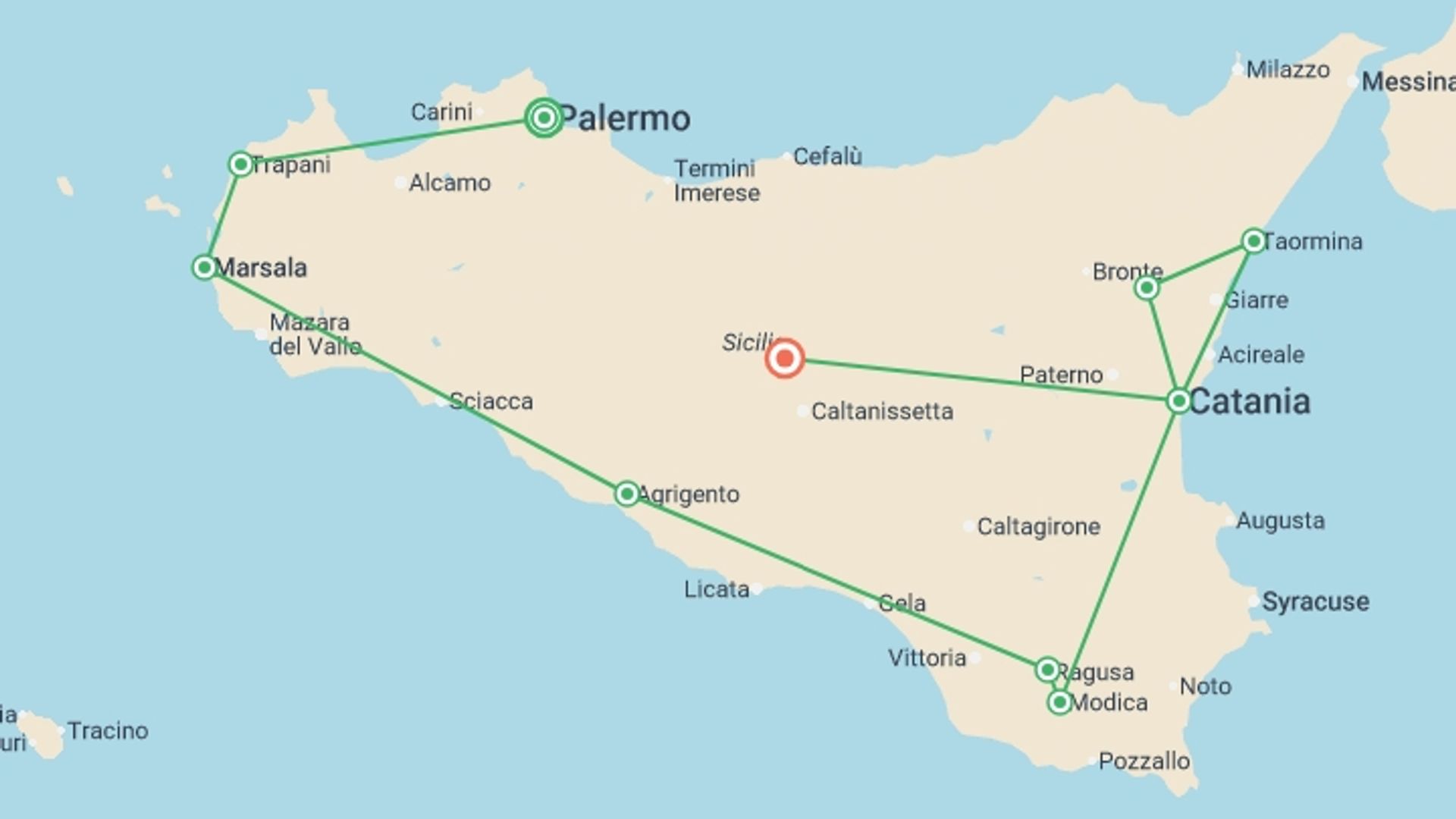 A map showing the tour itinerary for the trip: Sicily in Depth, starting in Palermo, Italy and ending in Sicily, Italy going through 6 other destinations.
