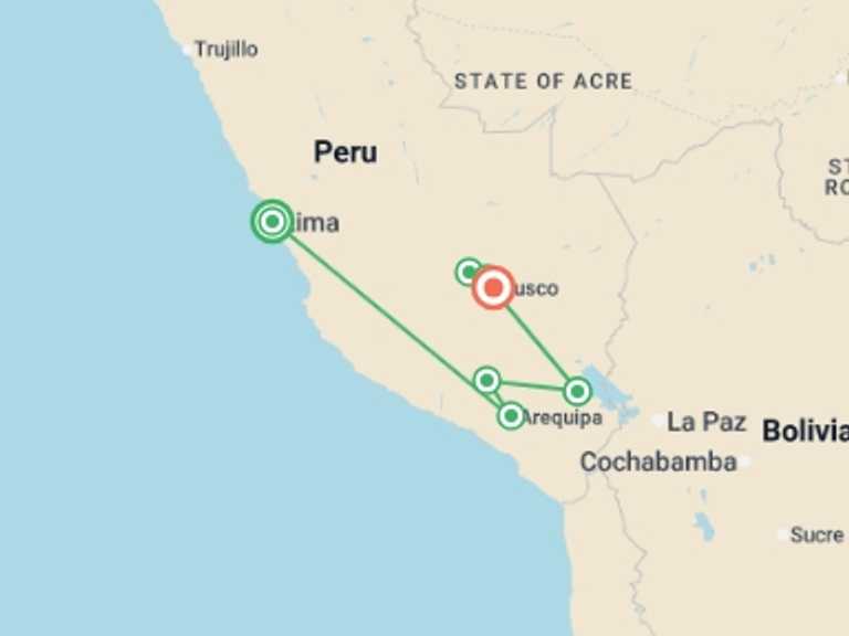 Map itinerary of Peru Tour in Winter with 7 destination visits for the trip: Peru Panorama