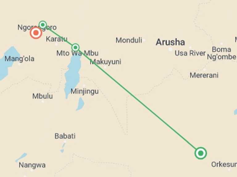 Map itinerary of Ngorongoro Crater Tour in December 2025 with 5 destination visits for the trip: 2 Days Budget safari L Manyara and Ngorongoro