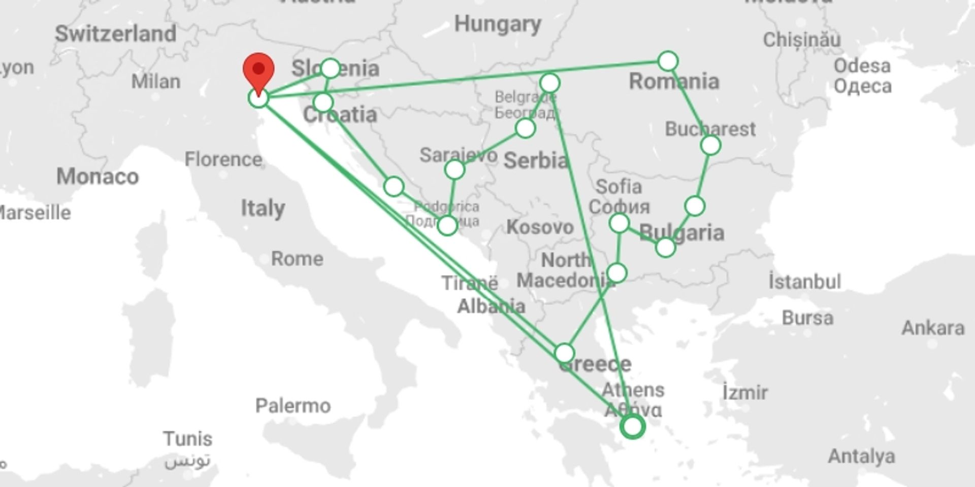 A map showing the tour itinerary for the trip: Balkan Extravaganza, starting in Athens, Greece and ending in undefined, Italy going through 1 other destinations.