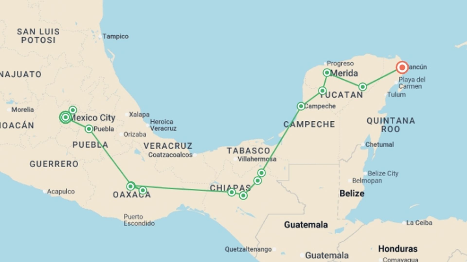 A map showing the tour itinerary for the trip: Magical Mexico, starting in Mexico City, Mexico and ending in Cancún, Mexico going through 5 other destinations.