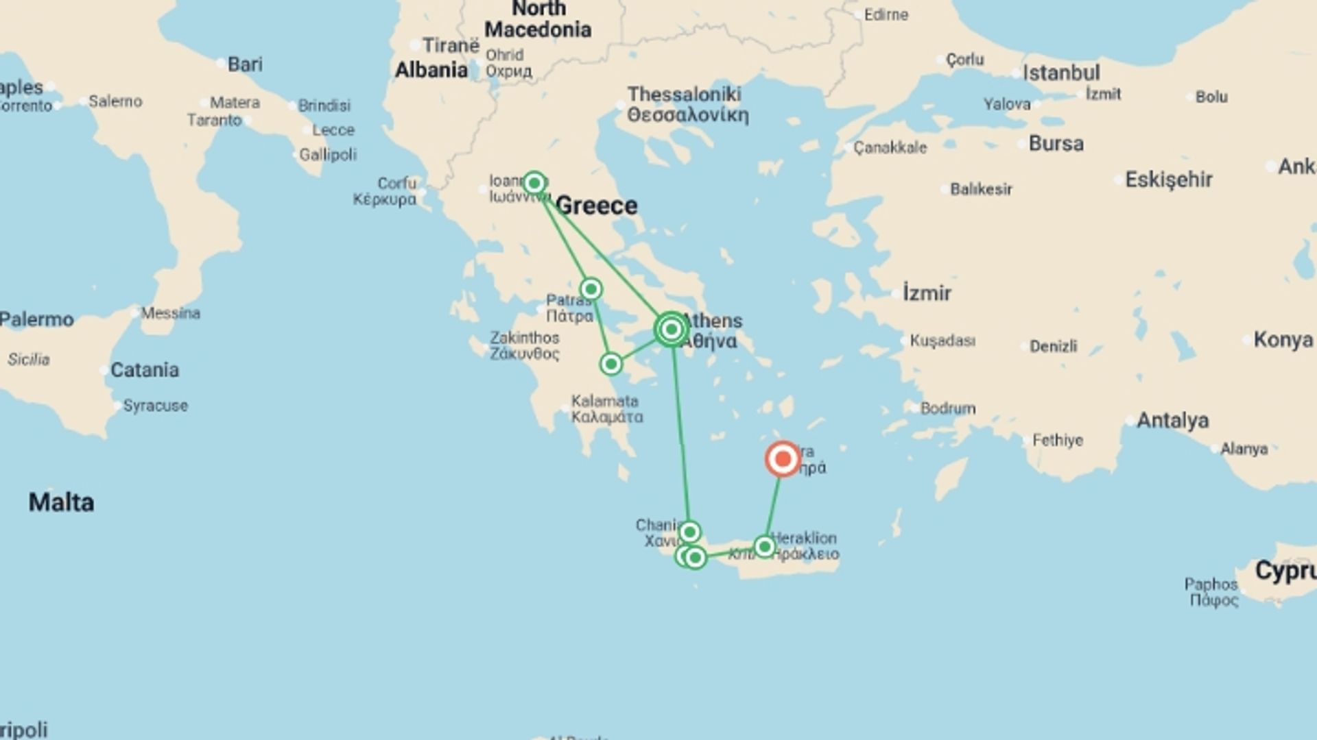 A map showing the tour itinerary for the trip: Best of Greece, starting in Athens, Greece and ending in Santorini, Greece going through 7 other destinations.