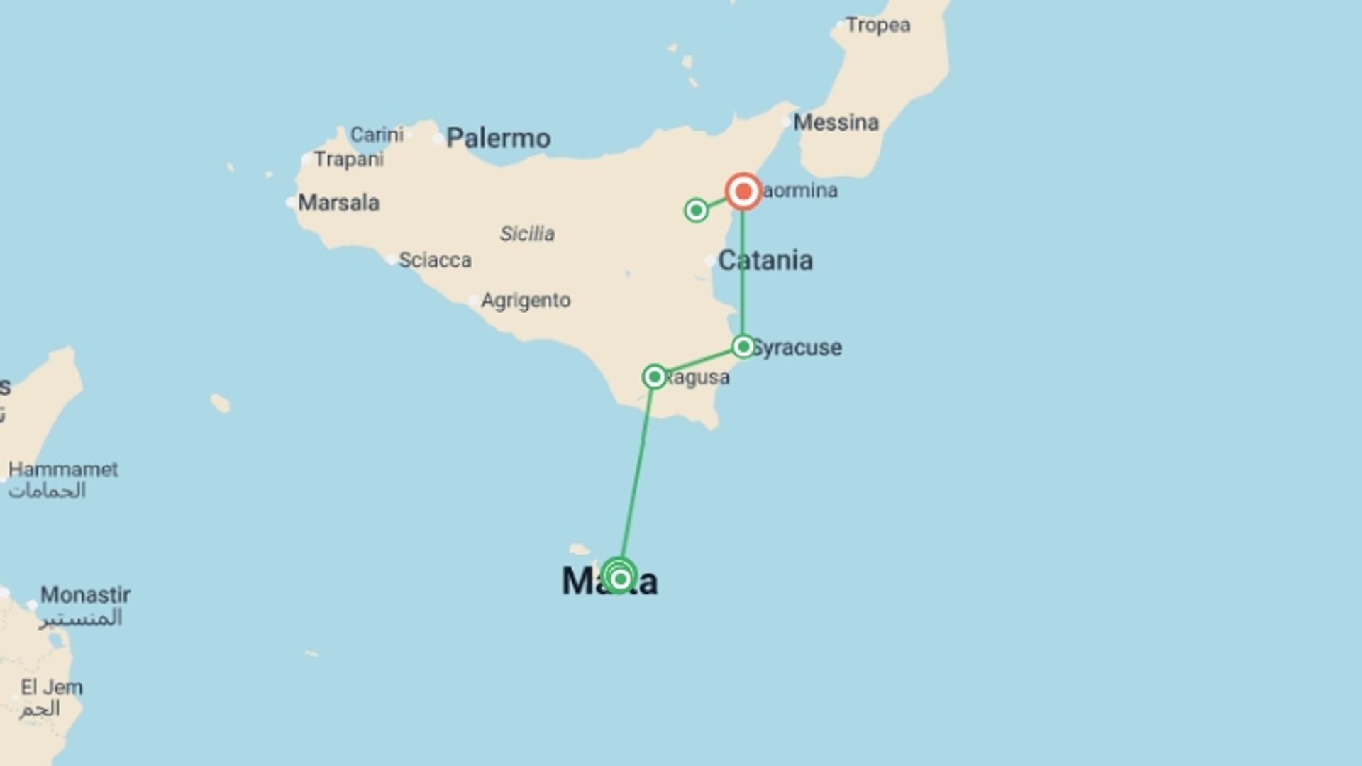A map showing the tour itinerary for the trip: Old World Sicily & Malta , starting in Sliema, Malta and ending in Taormina, Italy going through 2 other destinations.