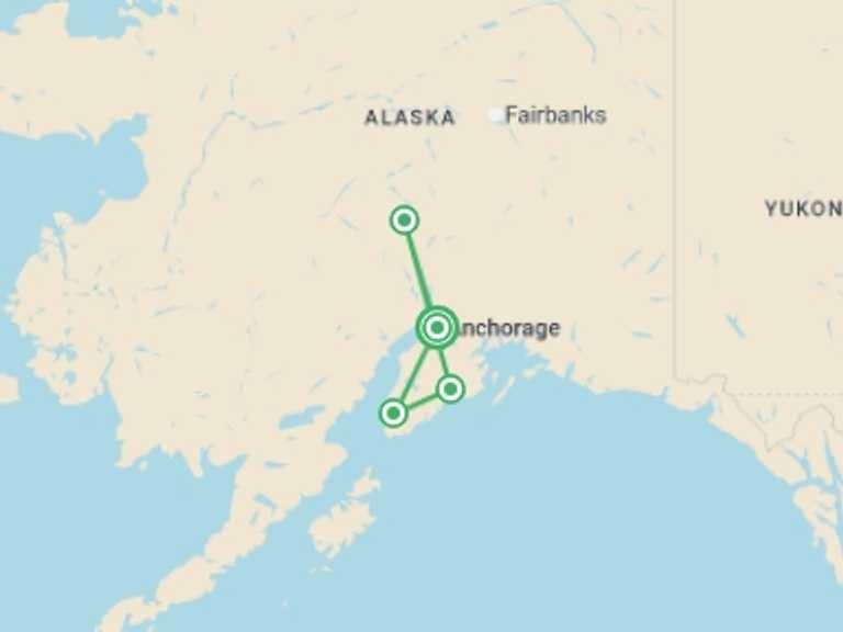 Map itinerary of USA Tour in July 2027 with 4 destination visits for the trip: Hiking the Great Land of Alaska