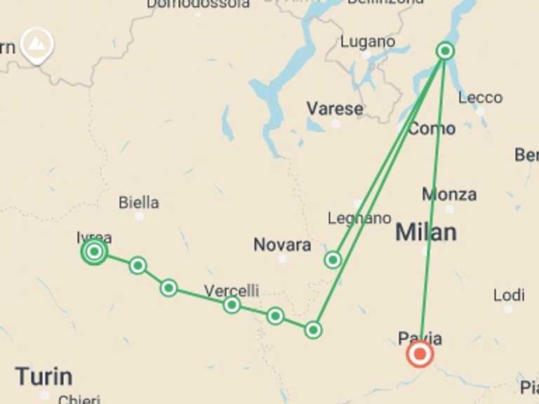 Map itinerary of Italy Tour in October 2025 with 7 destination visits for the trip: Via Francigena: Ivrea to Pavia