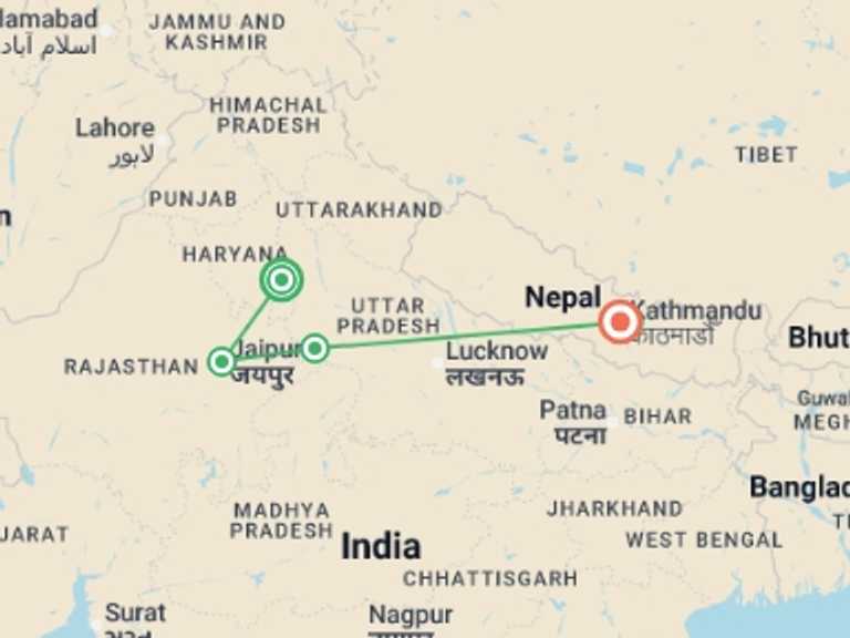 Map itinerary of Asia Tour in October 2026 with 5 destination visits for the trip: Classic India & Kathmandu (4 Star) - 10 days