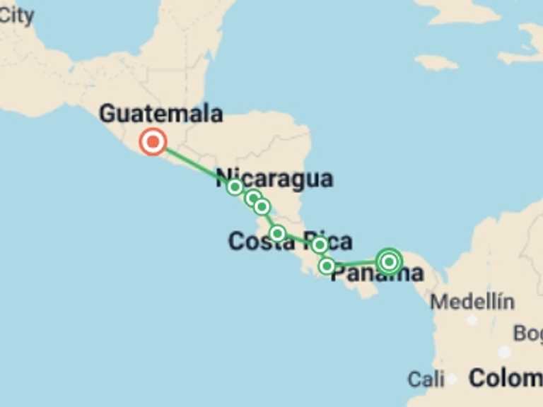 Map of Antigua City sightseeing Tour with 8 destination visits for the trip: Wonders of Central America - 22 days