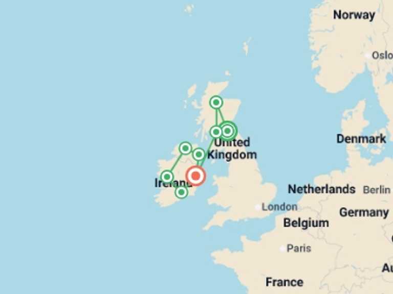 Map itinerary of Glasgow Tour in September 2026 with 8 destination visits for the trip: Scotland and Ireland