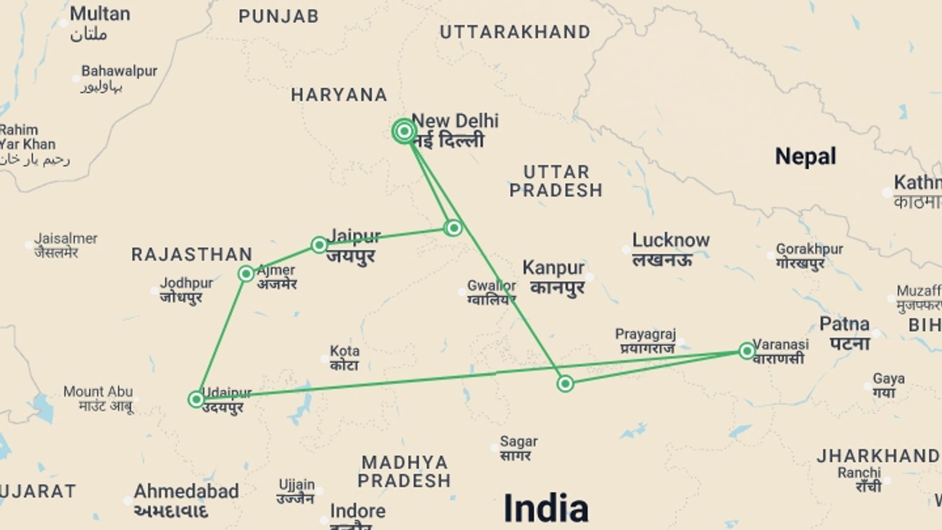 A map showing the tour itinerary for the trip: Totally India - 14 days, starting in New Delhi, India and ending in New Delhi, India going through 7 other destinations.
