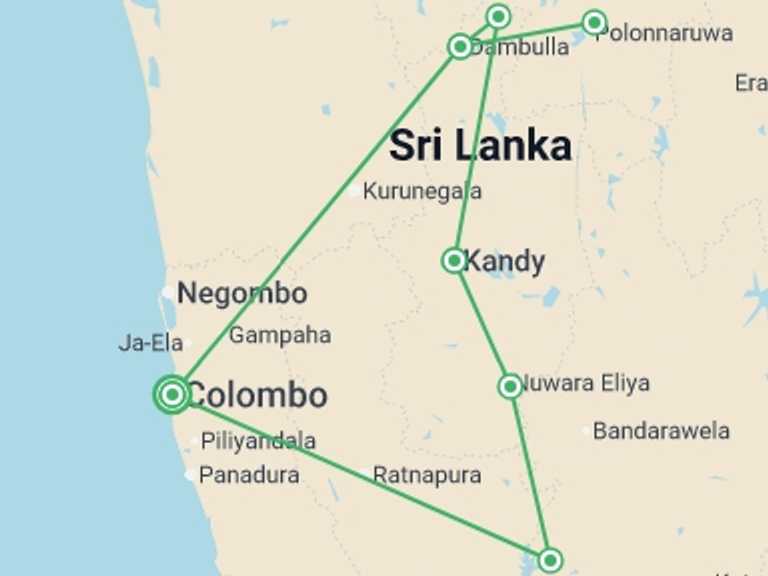 Map itinerary of Sri Lanka Tour in November 2026 with 5 destination visits for the trip: Colombo, Caves & Kandy - 8 days