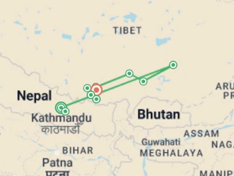 Map of a Adventure Tour with 11 destination visits for the trip: Everest Kangshung Face