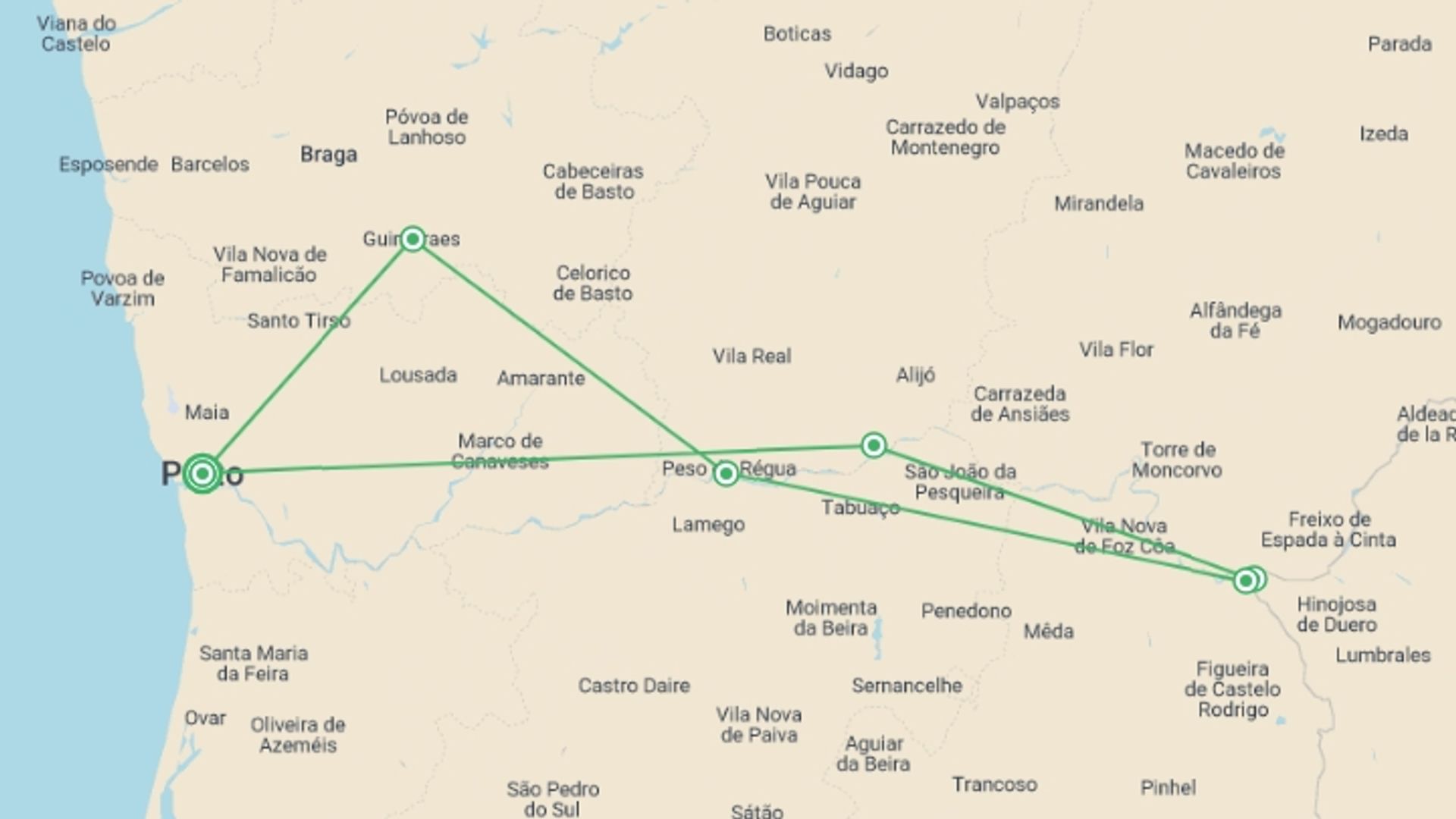 A map showing the tour itinerary for the trip: Douro River Valley  (2027), starting in Porto, Portugal and ending in Porto, Portugal going through 6 other destinations.
