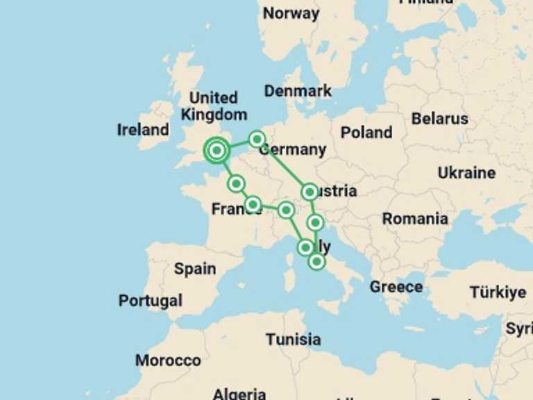 Map of Europe Tour with 9 destination visits for the trip: Classic Europe Christmas & New Year