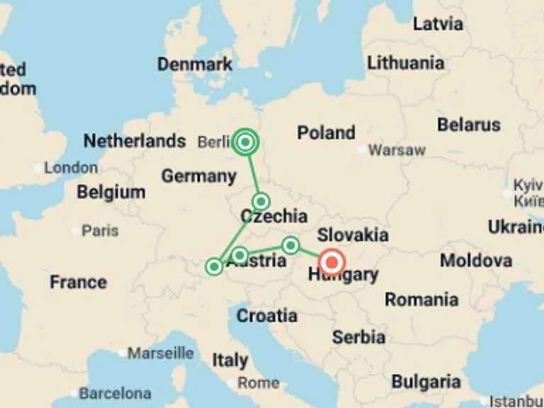 Map itinerary of Budapest Tour in Winter with 6 destination visits for the trip: Berlin and Imperial Capitals