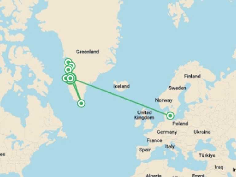 Map of Denmark Tour with 9 destination visits for the trip: Disko Bay - M/V Ocean Albatros