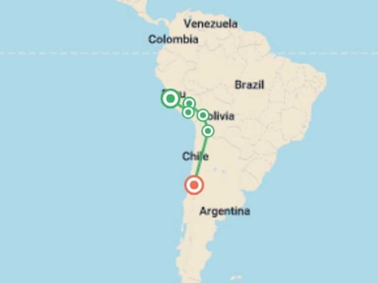 Map of Santiago Explorer Tour with 6 destination visits for the trip: LIMA to SANTIAGO (39 days) The Cordilleras