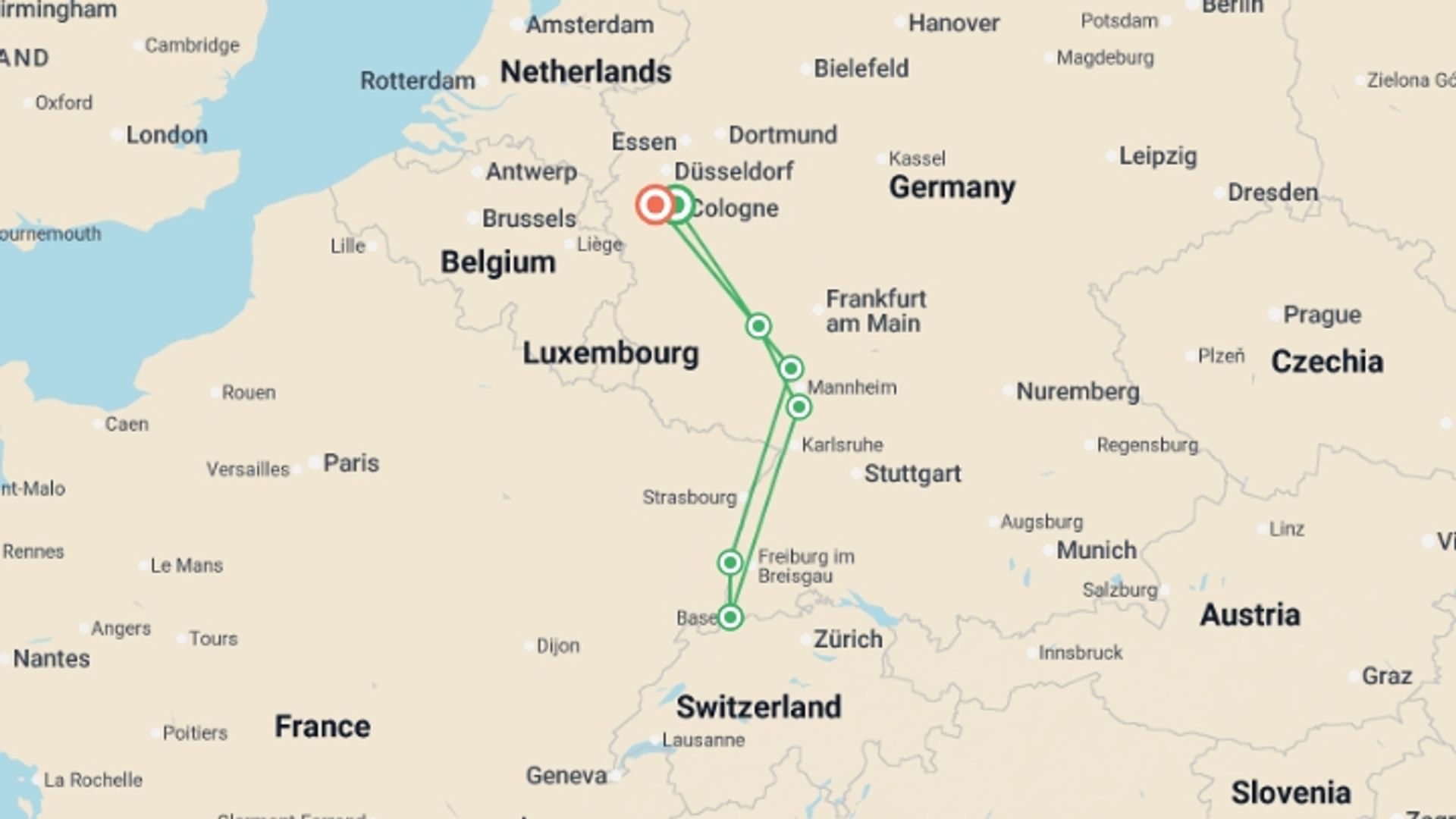 A map showing the tour itinerary for the trip: Romantic Rhine Cruise, starting in Cologne, Germany and ending in Mainz, Germany going through 6 other destinations.