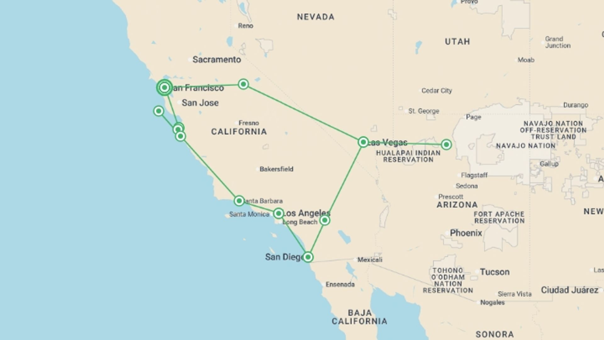 A map showing the tour itinerary for the trip: West Coast Encompassed - 14 days, starting in San Francisco, USA and ending in San Francisco, USA going through 6 other destinations.