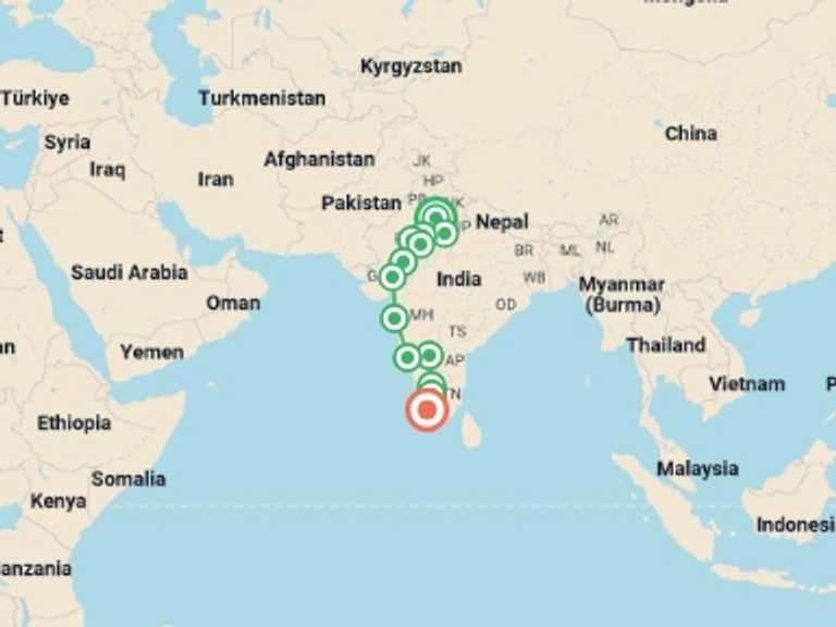 Map itinerary of India Tour in September 2027 with 13 destination visits for the trip: Delhi to Kochi: Hampi Ruins & The Taj Mahal