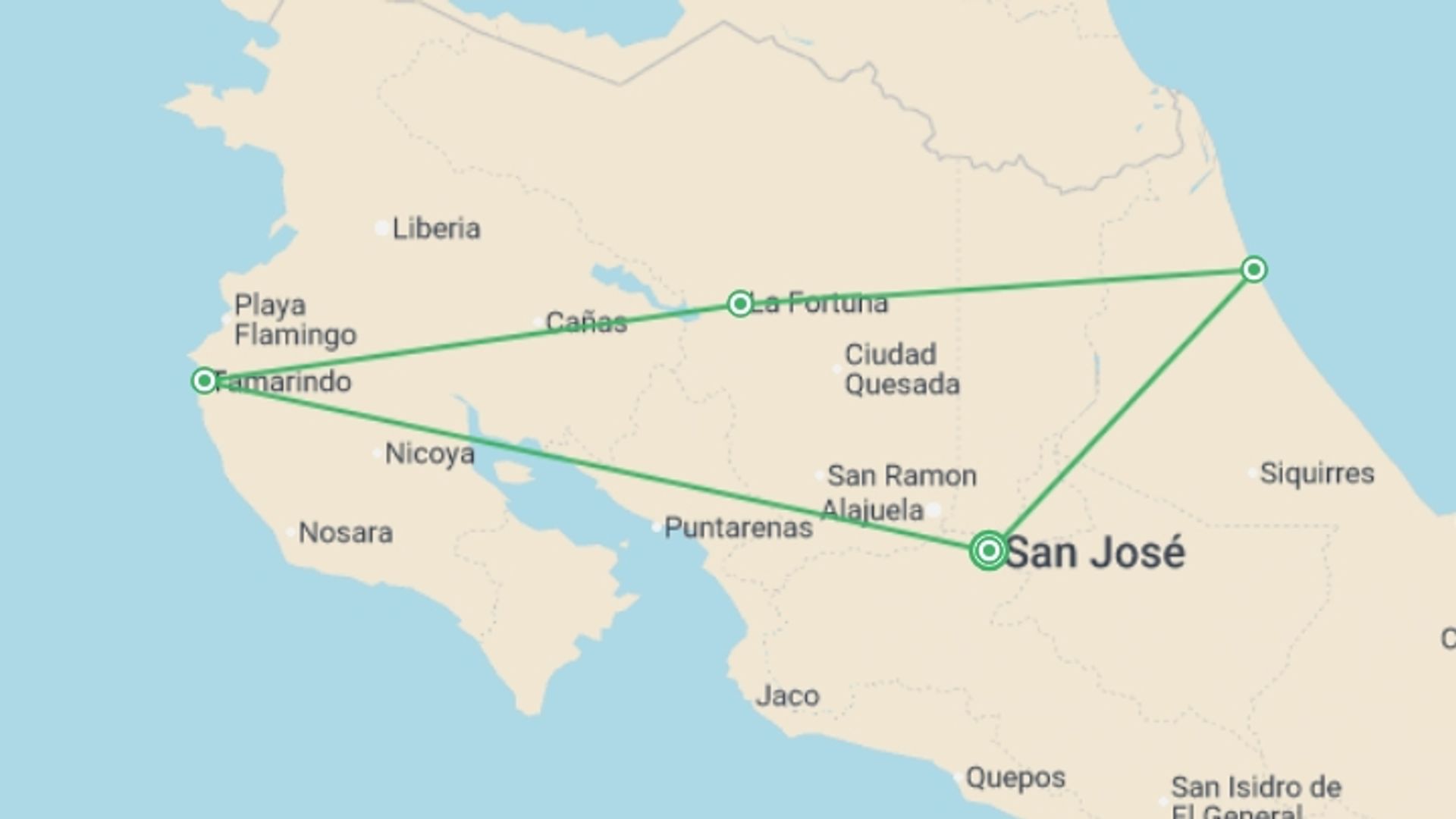 A map showing the tour itinerary for the trip: Captivating Costa Rica - 9 days, starting in San Jose, Costa Rica and ending in San Jose, Costa Rica going through 3 other destinations.
