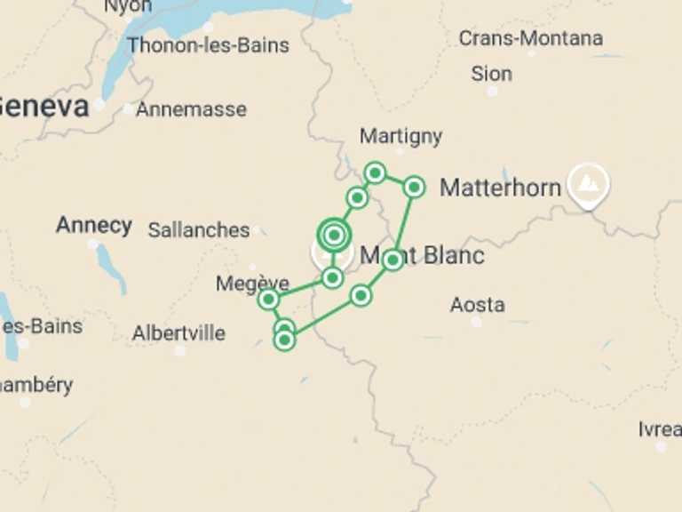 Map of Europe Tour with 8 destination visits for the trip: Mont Blanc Self Guided Hike
