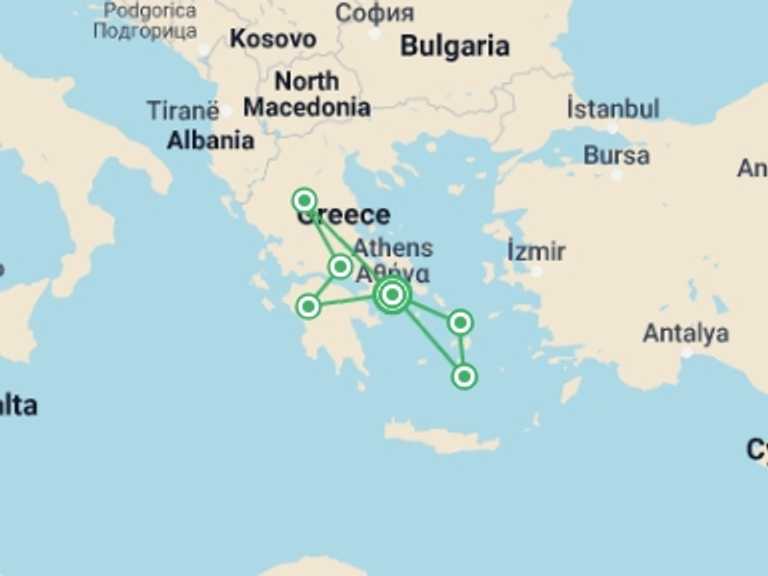 Map of Athens Cultural, religious and historic sites Tour with 6 destination visits for the trip: Best Of Greece | 11 Days
