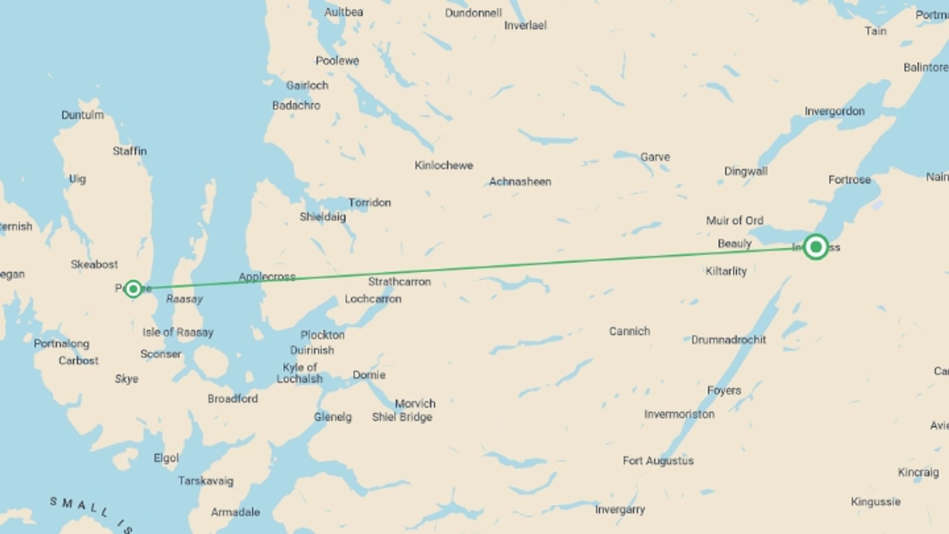 A map showing the tour itinerary for the trip: Isle of Skye Community & Outdoor Adventure, starting in Inverness, Scotland and ending in Inverness, Scotland going through 1 other destinations.