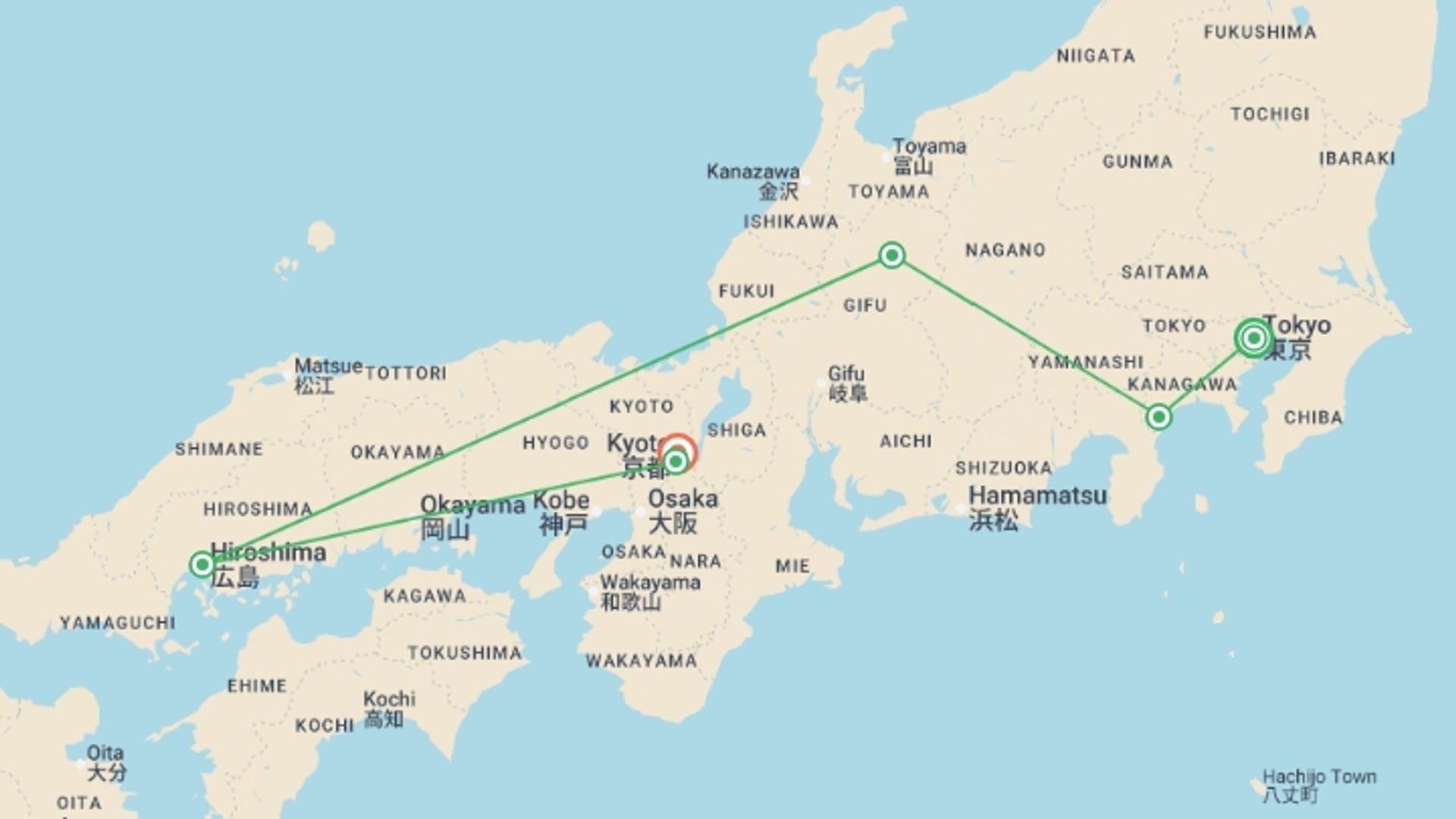 A map showing the tour itinerary for the trip: Japan: Land of the Rising Sun, starting in undefined, Japan and ending in undefined, Japan going through 0 other destinations.