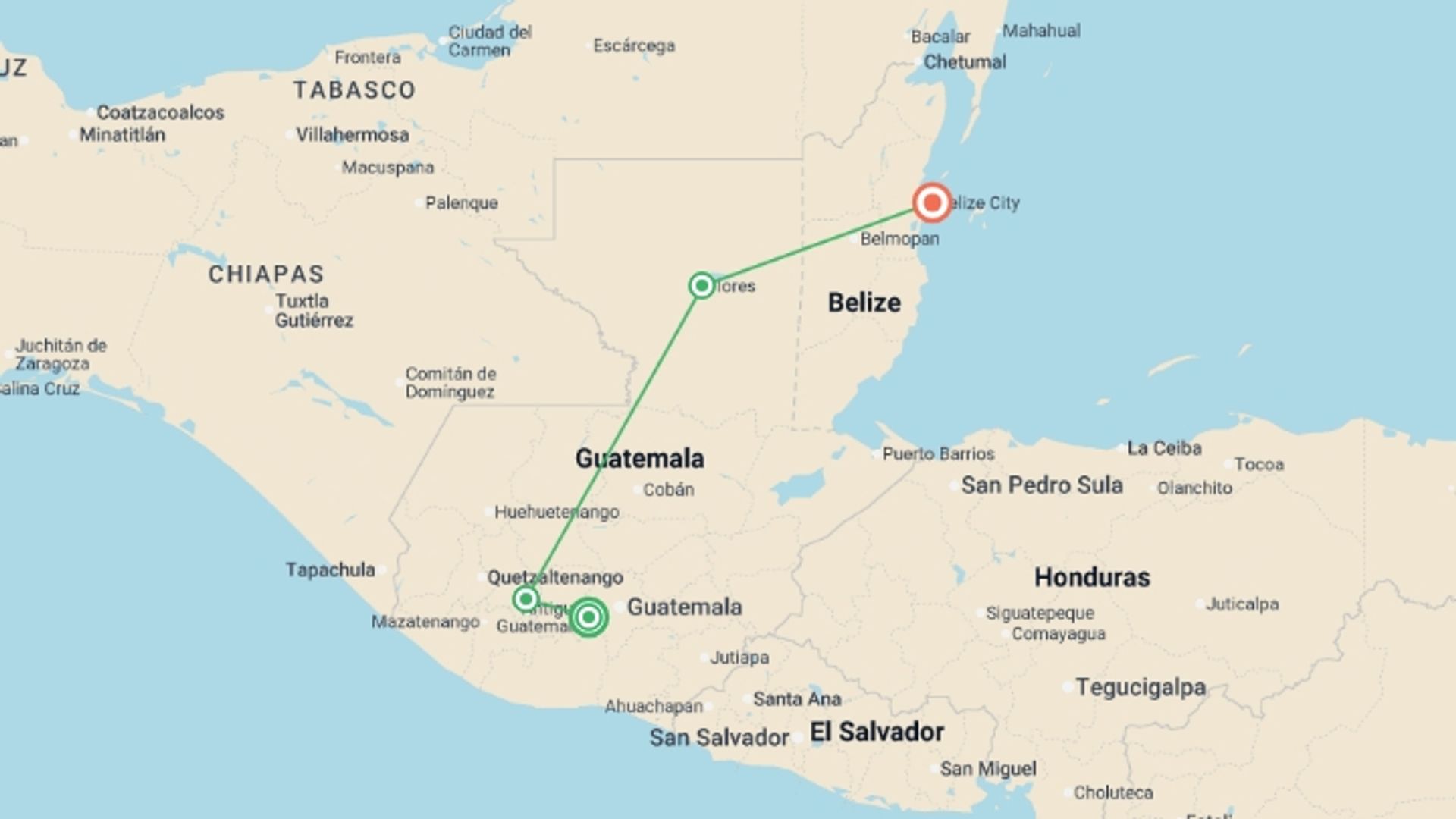 A map showing the tour itinerary for the trip: Highlights of Guatemala and Belize - 12 Days , starting in Antigua, Guatemala and ending in Belize City, Belize going through 2 other destinations.