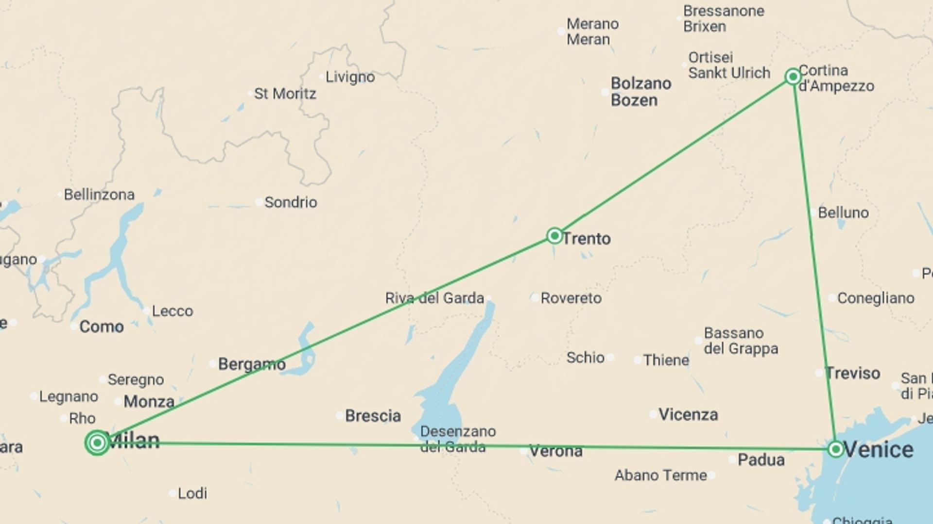 A map showing the tour itinerary for the trip: Milan to Venice & the Dolomites - 6 days, starting in Milan, Italy and ending in Milan, Italy going through 3 other destinations.