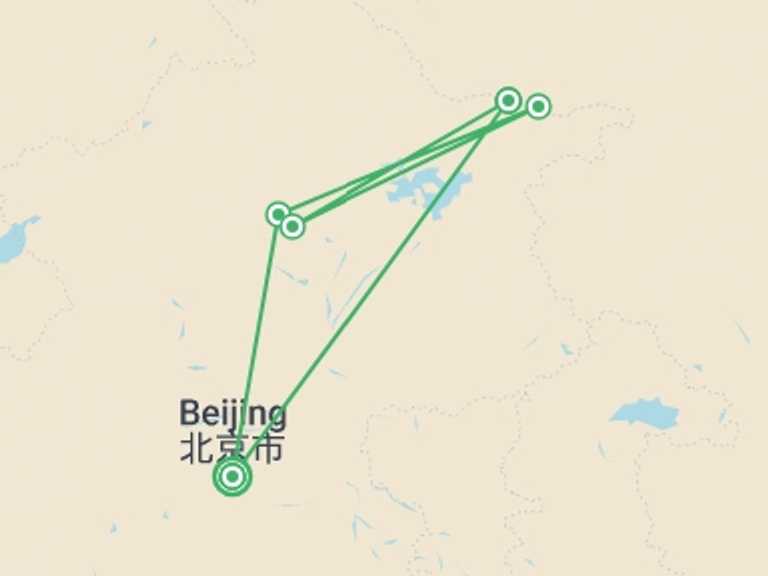 Map itinerary of China Tour in July 2027 with 3 destination visits for the trip: Great Wall Hiking