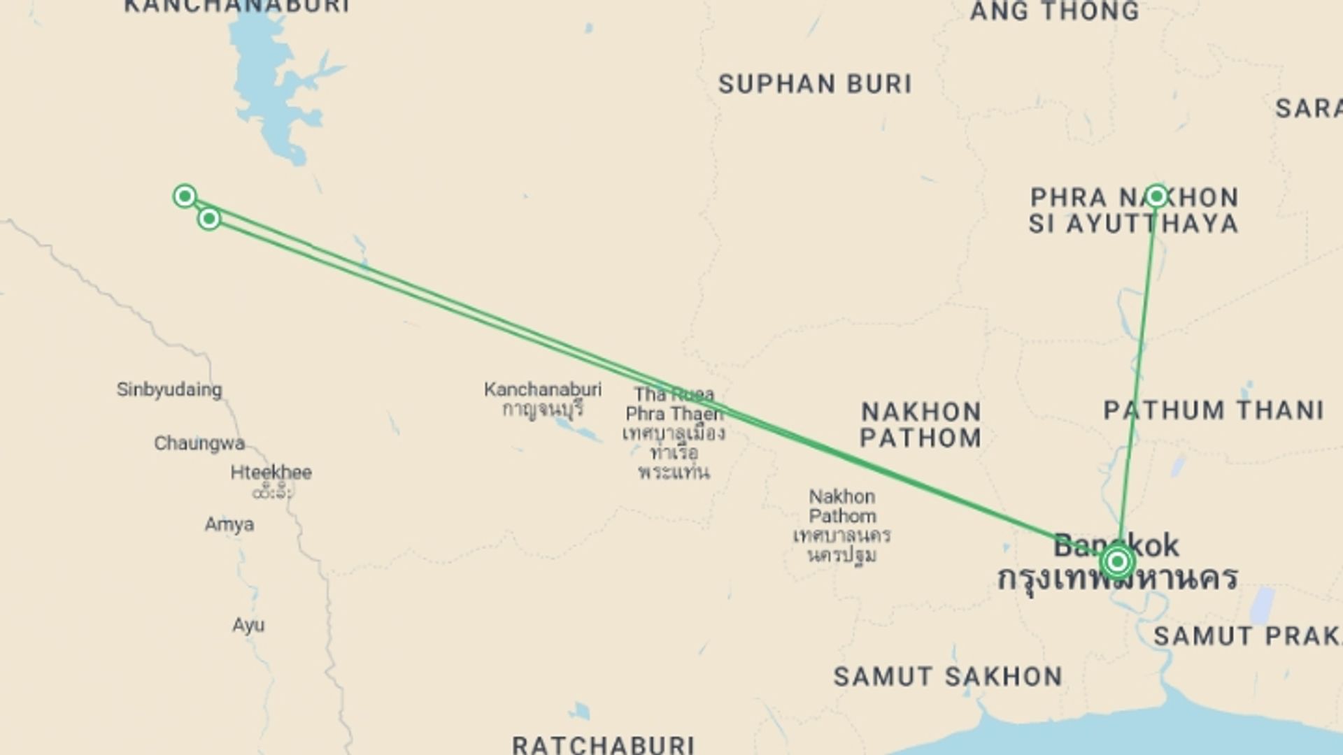 A map showing the tour itinerary for the trip: River Kwai Explorer & Ayutthaya - 5 days, starting in Bangkok, Thailand and ending in Bangkok, Thailand going through 2 other destinations.