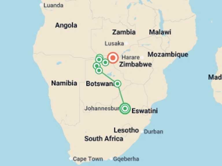 Map of a Adventure Tour with 8 destination visits for the trip: Essential Botswana