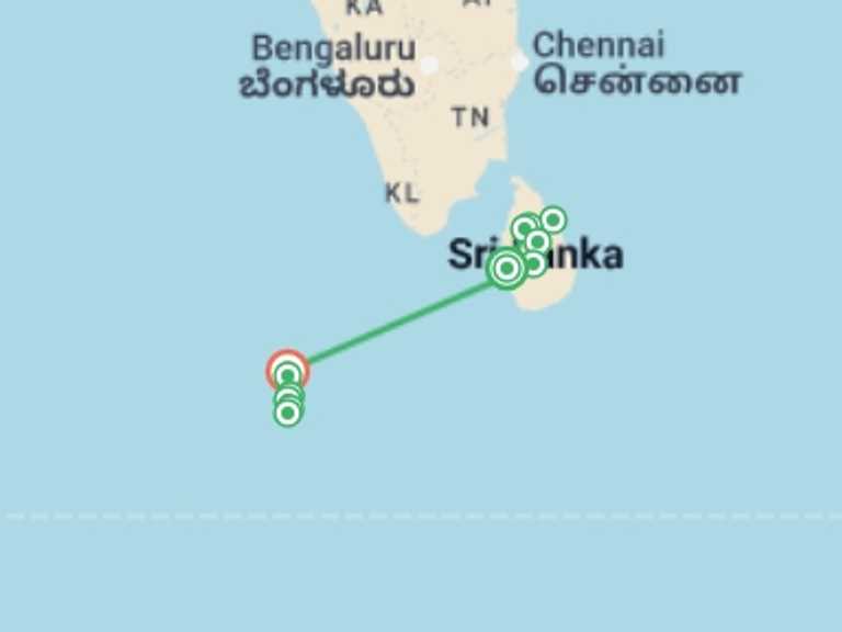 Map of Maldives and Sri Lanka Tour with 12 destination visits for the trip: Highlights of Sri Lanka + Maldive Dhoni Cruise