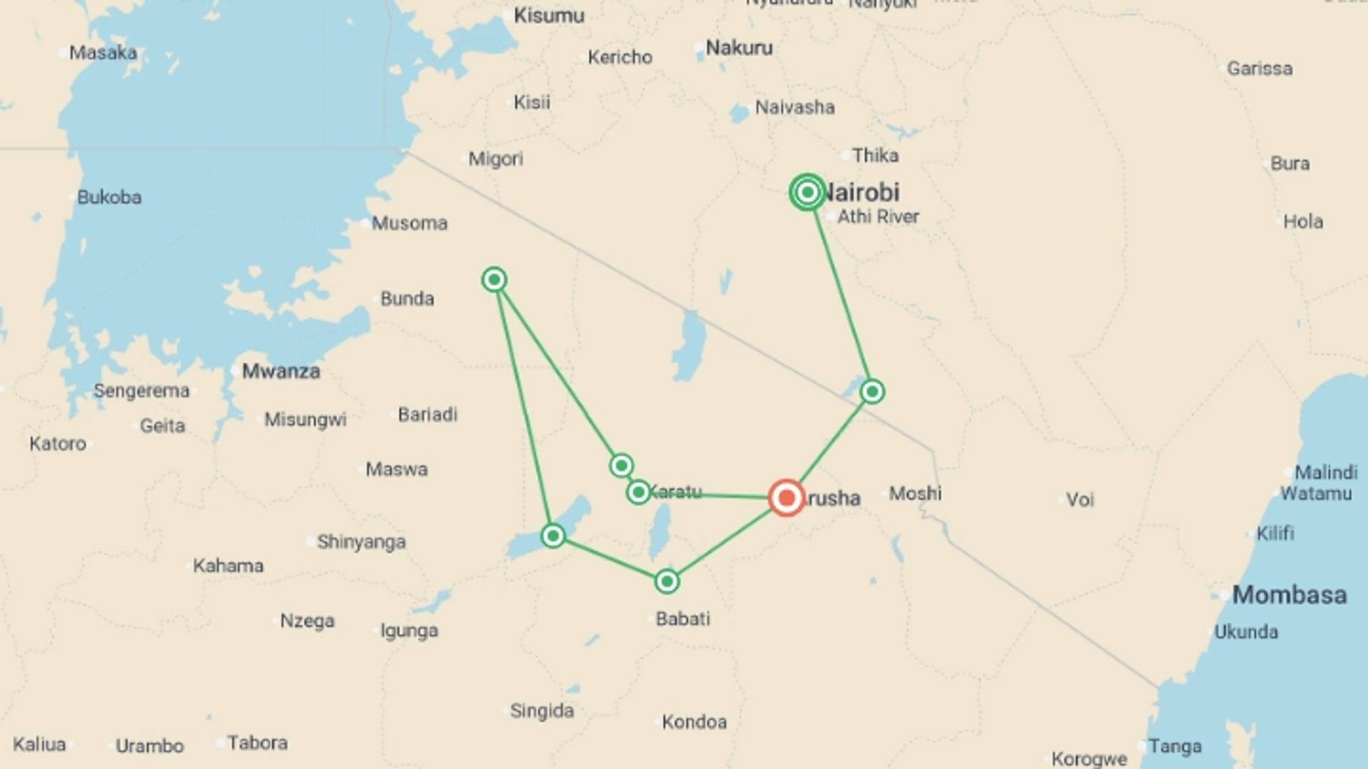 A map showing the tour itinerary for the trip: African Safari: Kenya and Tanzania , starting in Nairobi, Kenya and ending in Arusha, Tanzania going through 5 other destinations.