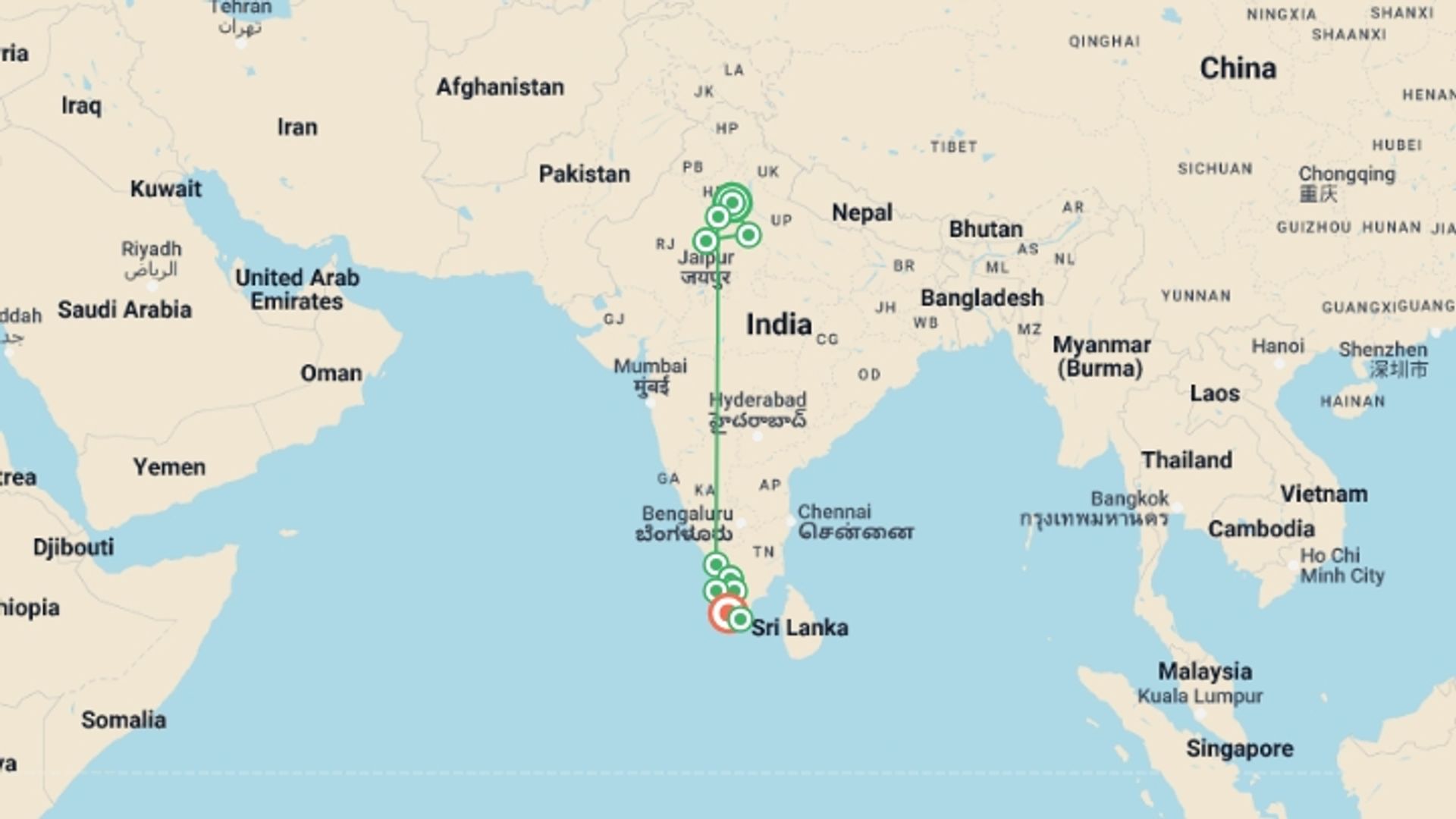 A map showing the tour itinerary for the trip: India's North & South - Premium Adventure, starting in New Delhi, India and ending in Kovalam, India going through 9 other destinations.