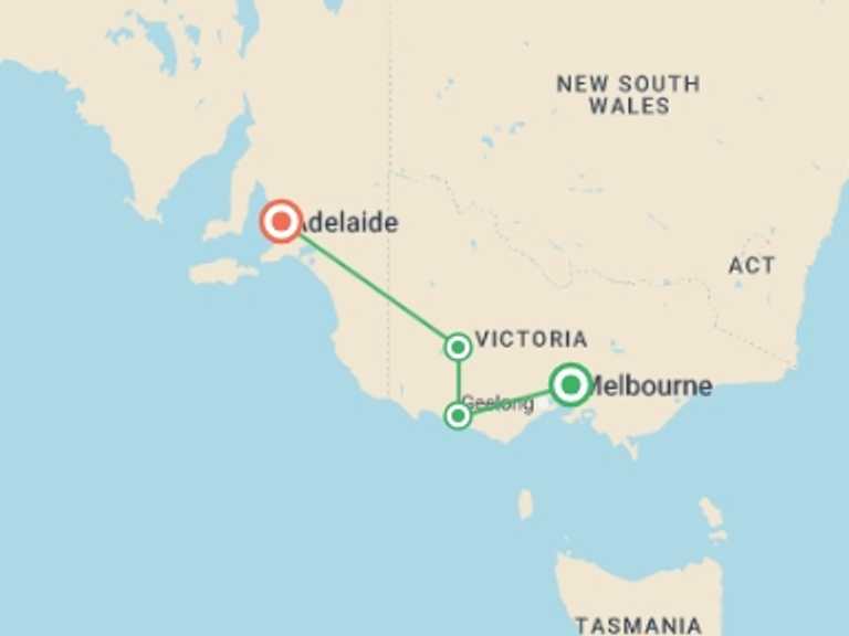Map itinerary of Australia Tour in February 2027 with 4 destination visits for the trip: Highlights of Melbourne & Adelaide - 3 days