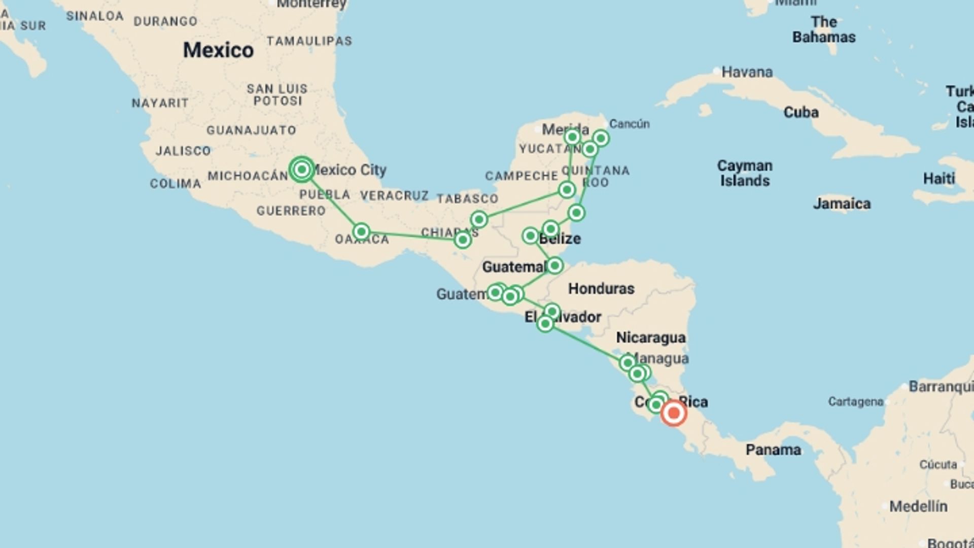 A map showing the tour itinerary for the trip: Epic Central America: Seven Countries & the Softest Sand Ever, starting in Mexico City, Mexico and ending in San Jose, Costa Rica going through 23 other destinations.