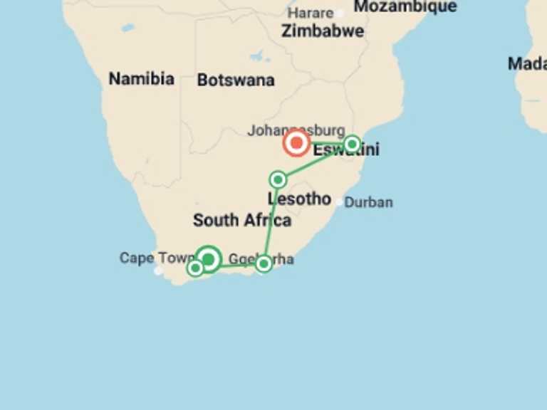 Map of Cape Town Overland Journeys Tour with 7 destination visits for the trip: Cape Town To Johannesburg (17 Days)