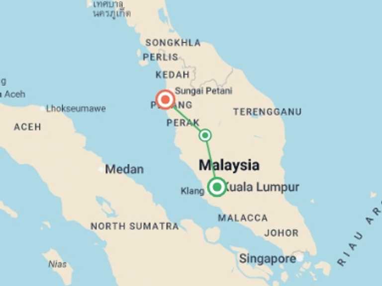Map itinerary of South East Asia Tour in July 2026 with 4 destination visits for the trip: Classic tour from Kuala Lumpur to Penang