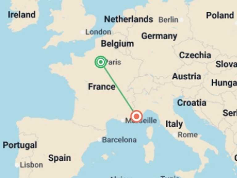 Map itinerary of Europe Tour in March 2026 with 2 destination visits for the trip: Paris and Nice by Rail