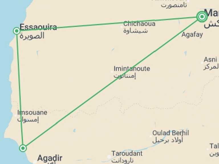 Map itinerary of Africa Tour in April 2027 with 3 destination visits for the trip: Coastal Morocco: Waves & Market Stalls