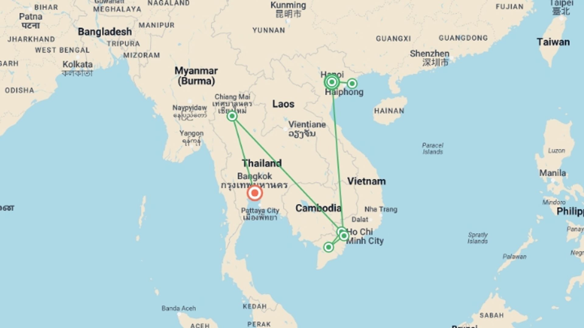 A map showing the tour itinerary for the trip: Heart of Vietnam and Thailand 10 Days- Hanoi/ Chiang Mai, starting in Hanoi, Vietnam and ending in Bangkok, Thailand going through 6 other destinations.
