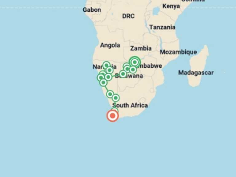 Map itinerary of Africa Tour in June 2026 with 16 destination visits for the trip: Victoria Falls to Cape Town Overland Safari & Participation Camping