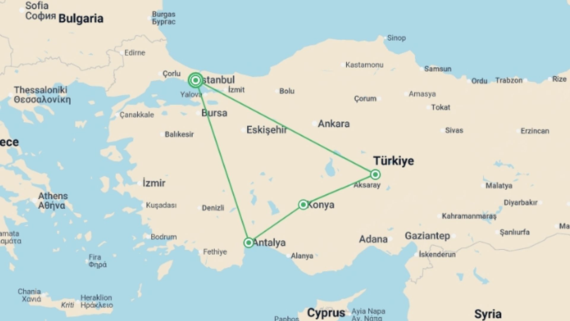 A map showing the tour itinerary for the trip: Istanbul, Antalya & Cappadocia, Private Tour, starting in Istanbul, Turkey and ending in Istanbul, Turkey going through 2 other destinations.