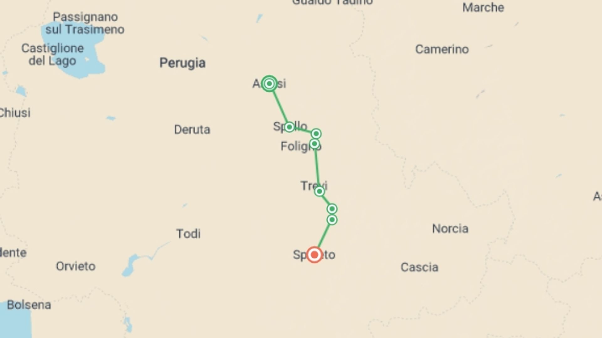 A map showing the tour itinerary for the trip: St Francis Way: Assisi to Spoleto, starting in Assisi, Italy and ending in Spoleto, Italy going through 4 other destinations.