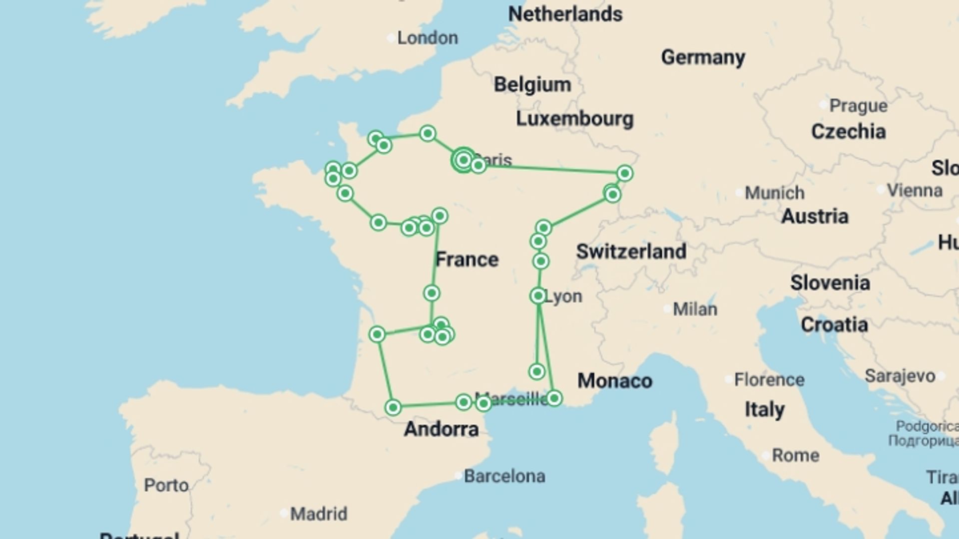 A map showing the tour itinerary for the trip: French Passion, starting in Paris, France and ending in Paris, France going through 11 other destinations.
