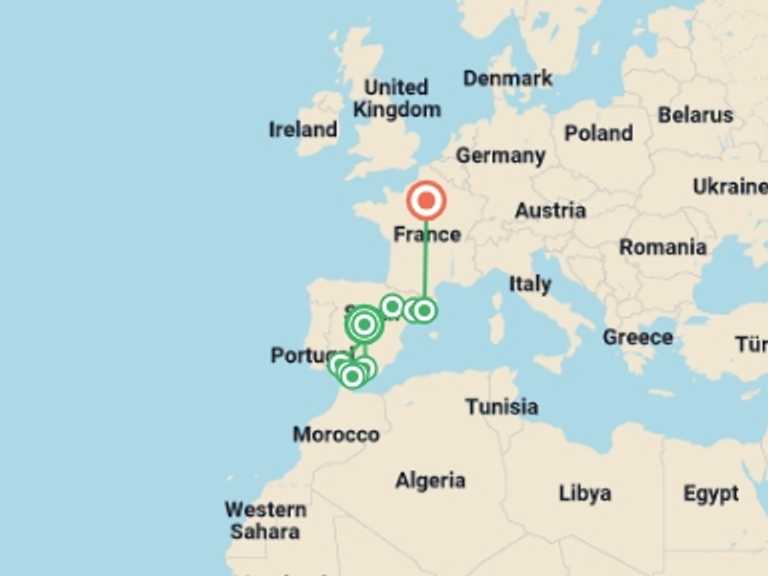 Map of Europe Tour with 6 destination visits for the trip: Classical Spain with Paris
