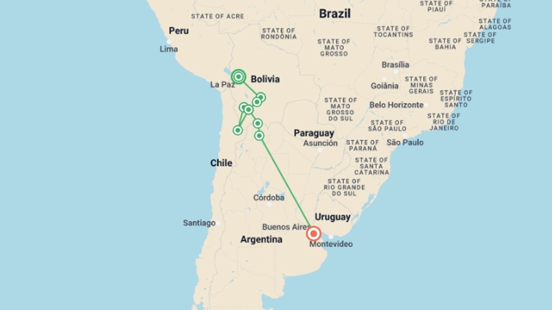A map showing the tour itinerary for the trip: Best of Bolivia & Argentina, starting in La Paz, Bolivia and ending in Buenos Aires, Argentina going through 6 other destinations.
