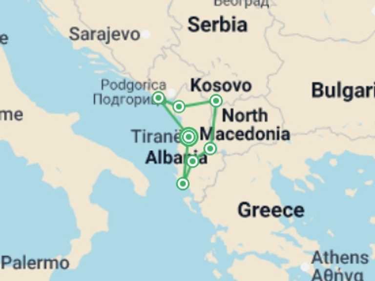 Map of Europe Explorer Tour with 7 destination visits for the trip: South Balkans: Bays & Bazaars